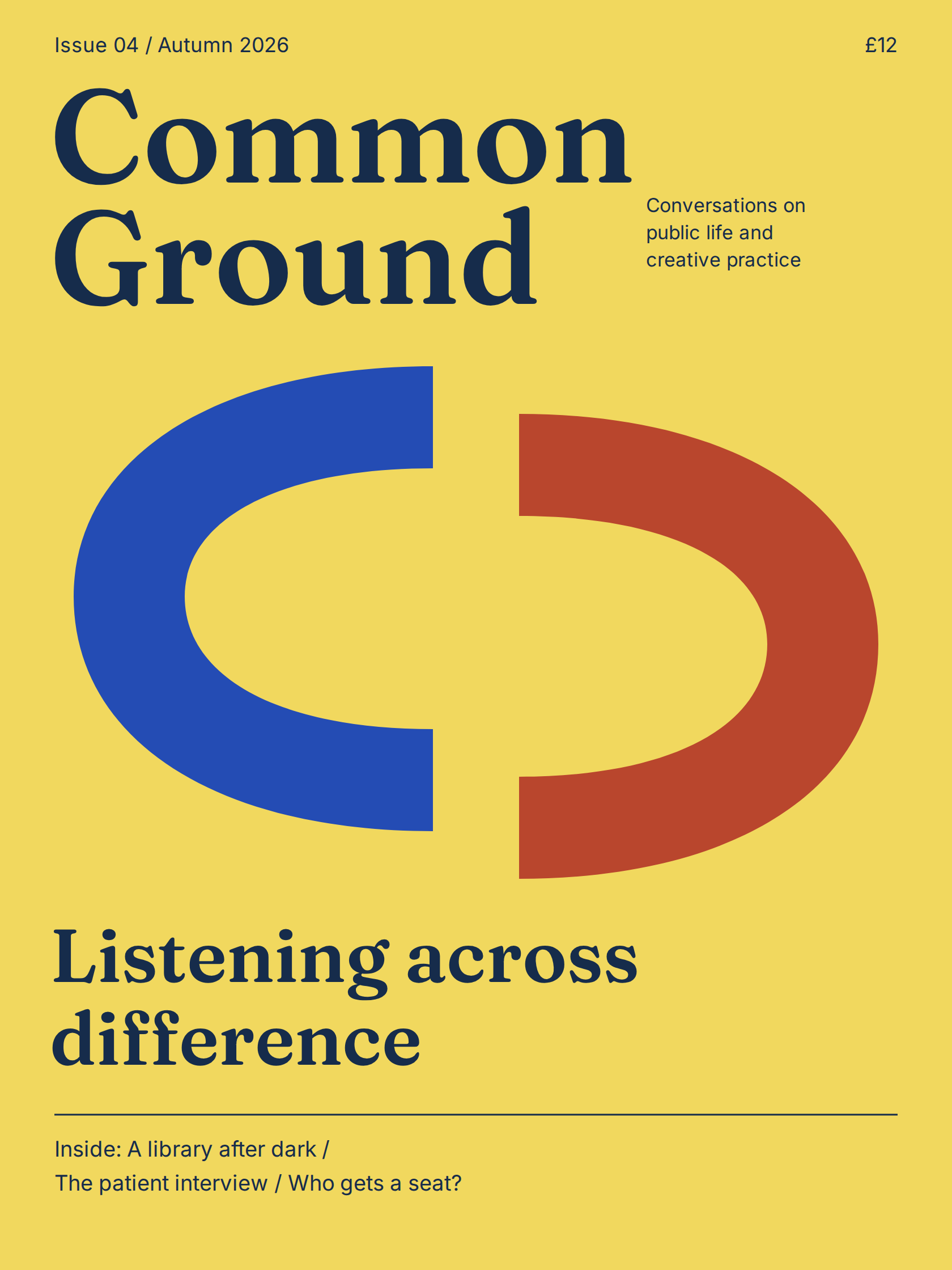 Common Ground publication cover study with navy type and blue and rust forms on yellow.